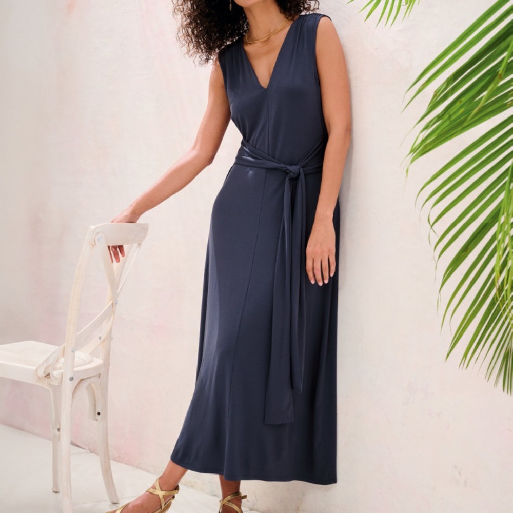 Garnet Hill Tie Waist Knit Maxi Dress, Brown, Size S, NWT